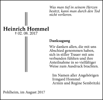 Traueranzeige von Heinrich Hommel von Giessener Allgemeine, Alsfelder Allgemeine, Pohlheimer Nachrichten