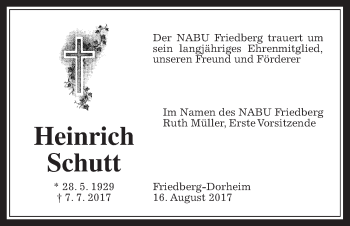 Traueranzeige von Heinrich Schutt von Wetterauer Zeitung, Wetterauer Zeitung