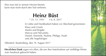 Traueranzeige von Heinz Büst von Giessener Allgemeine, Alsfelder Allgemeine