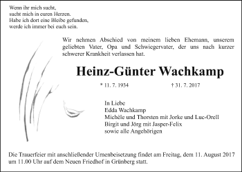 Traueranzeige von Heinz-Günter Wachkamp von Giessener Allgemeine, Alsfelder Allgemeine