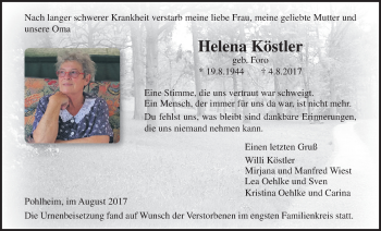 Traueranzeige von Helena Köstler von Licher Wochenblatt, Licher Wochenblatt, Licher Wochenblatt
