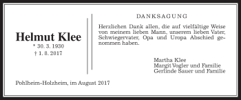 Traueranzeige von Helmut Klee von Giessener Allgemeine, Alsfelder Allgemeine