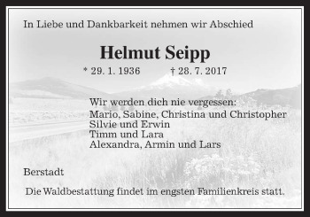 Traueranzeige von Helmut Seipp von Wetterauer Zeitung, Wetterauer Zeitung