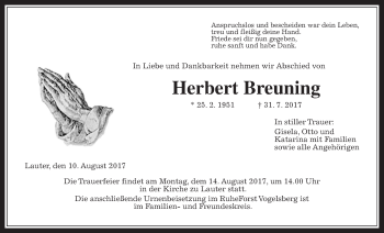 Traueranzeige von Herbert Breuning von Giessener Allgemeine, Alsfelder Allgemeine
