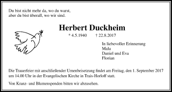 Traueranzeige von Herbert Duckheim von Licher Wochenblatt, Licher Wochenblatt, Licher Wochenblatt