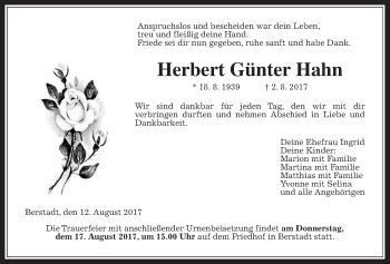 Traueranzeige von Herbert Günter Hahn von Wetterauer Zeitung, Wetterauer Zeitung