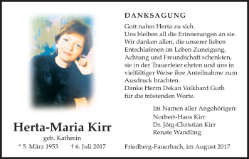 Traueranzeige von Herta-Maria Kirr von Wetterauer Zeitung, Wetterauer Zeitung