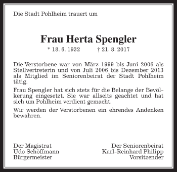 Traueranzeige von Herta Spengler von Pohlheimer Nachrichten