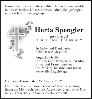 Traueranzeige von Herta Spengler von Giessener Allgemeine, Alsfelder Allgemeine