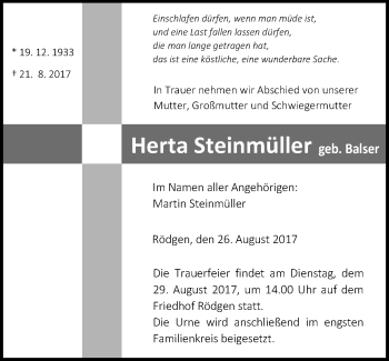 Traueranzeige von Herta Steinmüller von Giessener Allgemeine, Alsfelder Allgemeine
