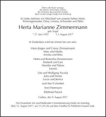 Traueranzeige von Herta Marianne Zimmermann von Giessener Allgemeine, Alsfelder Allgemeine