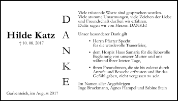 Traueranzeige von Hilde Katz von Pohlheimer Nachrichten