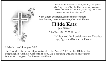 Traueranzeige von Hilde Katz von Giessener Allgemeine, Alsfelder Allgemeine
