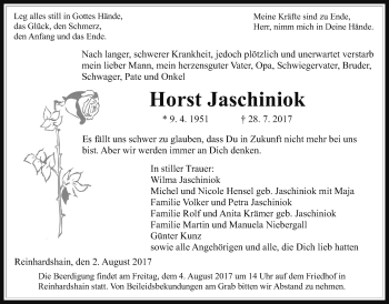 Traueranzeige von Horst Jaschiniok von Giessener Allgemeine, Alsfelder Allgemeine