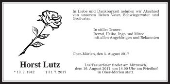 Traueranzeige von Horst Lutz von Wetterauer Zeitung, Wetterauer Zeitung
