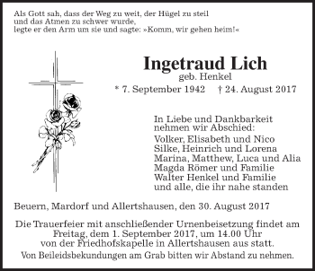Traueranzeige von Ingetraud Lich von Giessener Allgemeine, Alsfelder Allgemeine