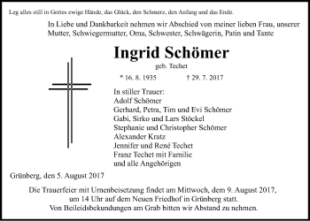 Traueranzeige von Ingrid Schömer von Giessener Allgemeine, Alsfelder Allgemeine