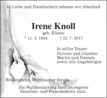 Traueranzeige von Irene Knoll von Wetterauer Zeitung, Wetterauer Zeitung