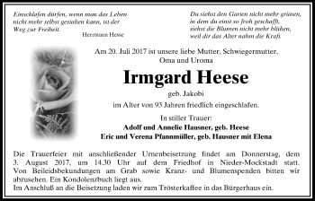 Traueranzeige von Irmgard Heese von Giessener Allgemeine, Alsfelder Allgemeine