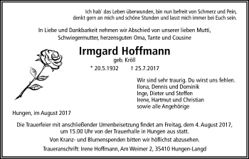 Traueranzeige von Irmgard Hoffmann von Licher Wochenblatt, Licher Wochenblatt, Licher Wochenblatt
