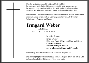 Traueranzeige von Irmgard Weber von Giessener Allgemeine, Alsfelder Allgemeine