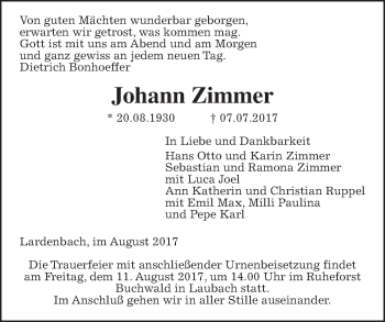 Traueranzeige von Johann Zimmer von Giessener Allgemeine, Alsfelder Allgemeine