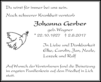 Traueranzeige von Johanna Gerber von Licher Wochenblatt, Licher Wochenblatt, Licher Wochenblatt