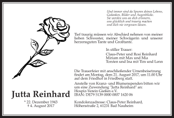 Traueranzeige von Jutta Reinhard von Wetterauer Zeitung, Wetterauer Zeitung