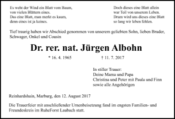Traueranzeige von Jürgen Albohn von Giessener Allgemeine, Alsfelder Allgemeine