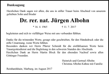 Traueranzeige von Jürgen Albohn von Giessener Allgemeine, Alsfelder Allgemeine