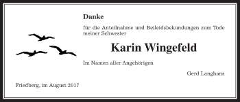 Traueranzeige von Karin Wingefeld von Wetterauer Zeitung, Wetterauer Zeitung