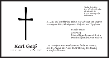 Traueranzeige von Karl Geiß von Wetterauer Zeitung, Wetterauer Zeitung