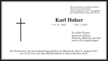 Traueranzeige von Karl Holzer von Wetterauer Zeitung, Wetterauer Zeitung