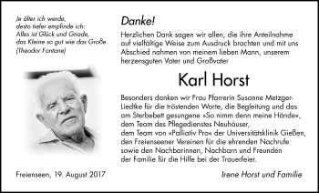 Traueranzeige von Karl Horst von Giessener Allgemeine, Alsfelder Allgemeine