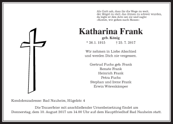 Traueranzeige von Katharina Frank von Wetterauer Zeitung, Wetterauer Zeitung