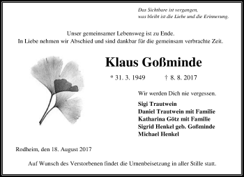 Traueranzeige von Klaus Goßminde von Giessener Allgemeine, Alsfelder Allgemeine
