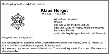 Traueranzeige von Klaus Herget von Giessener Allgemeine, Alsfelder Allgemeine, Wetterauer Zeitung, Wetterauer Zeitung