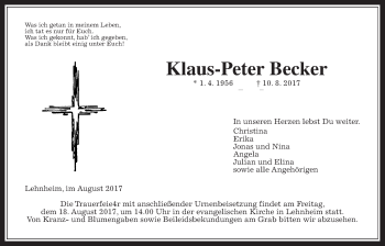 Traueranzeige von Klaus-Peter Becker von Giessener Allgemeine, Alsfelder Allgemeine