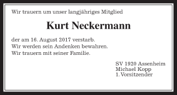 Traueranzeige von Kurt Neckermann von Wetterauer Zeitung, Wetterauer Zeitung