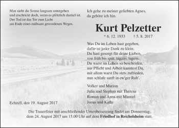Traueranzeige von Kurt Pelzetter von Wetterauer Zeitung, Wetterauer Zeitung