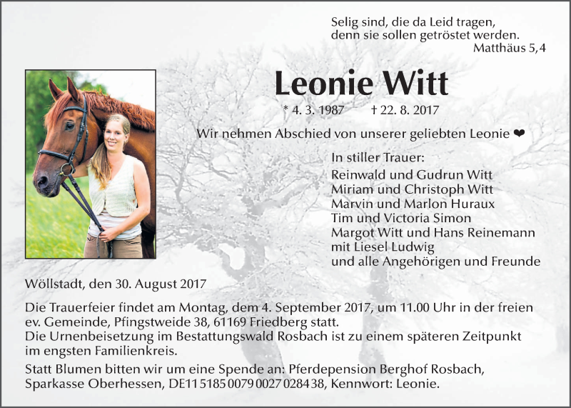  Traueranzeige für Leonie Witt vom 30.08.2017 aus Wetterauer Zeitung, Wetterauer Zeitung