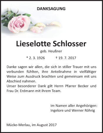 Traueranzeige von Lieselotte Schlosser von Giessener Allgemeine, Alsfelder Allgemeine