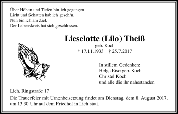 Traueranzeige von Lieselotte  Theiß von Licher Wochenblatt, Licher Wochenblatt, Licher Wochenblatt