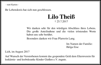Traueranzeige von Lilo Theiß von Licher Wochenblatt, Licher Wochenblatt, Licher Wochenblatt