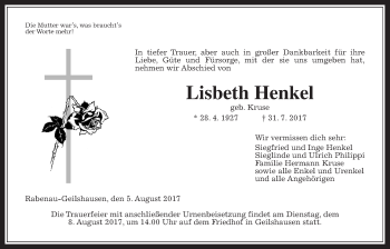 Traueranzeige von Lisbeth Henkel von Giessener Allgemeine, Alsfelder Allgemeine