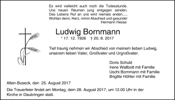 Traueranzeige von Ludwig Bornmann von Giessener Allgemeine, Alsfelder Allgemeine