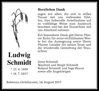 Traueranzeige von Ludwig Schmidt von Giessener Allgemeine, Alsfelder Allgemeine