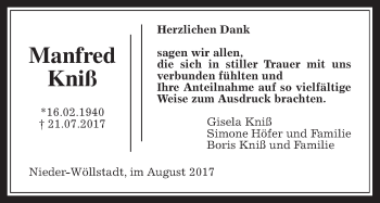 Traueranzeige von Manfred Kniß von Giessener Allgemeine, Alsfelder Allgemeine, Wetterauer Zeitung, Wetterauer Zeitung