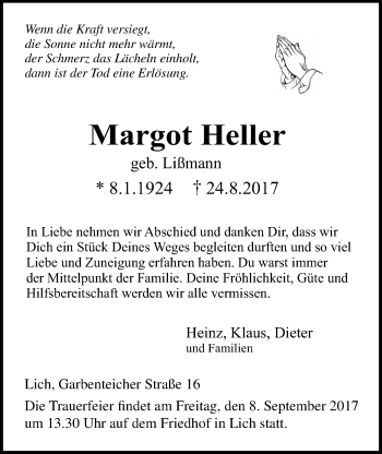 Traueranzeige von Margot Heller von Licher Wochenblatt, Licher Wochenblatt, Licher Wochenblatt