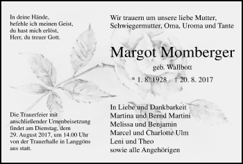 Traueranzeige von Margot Momberger von Giessener Allgemeine, Alsfelder Allgemeine